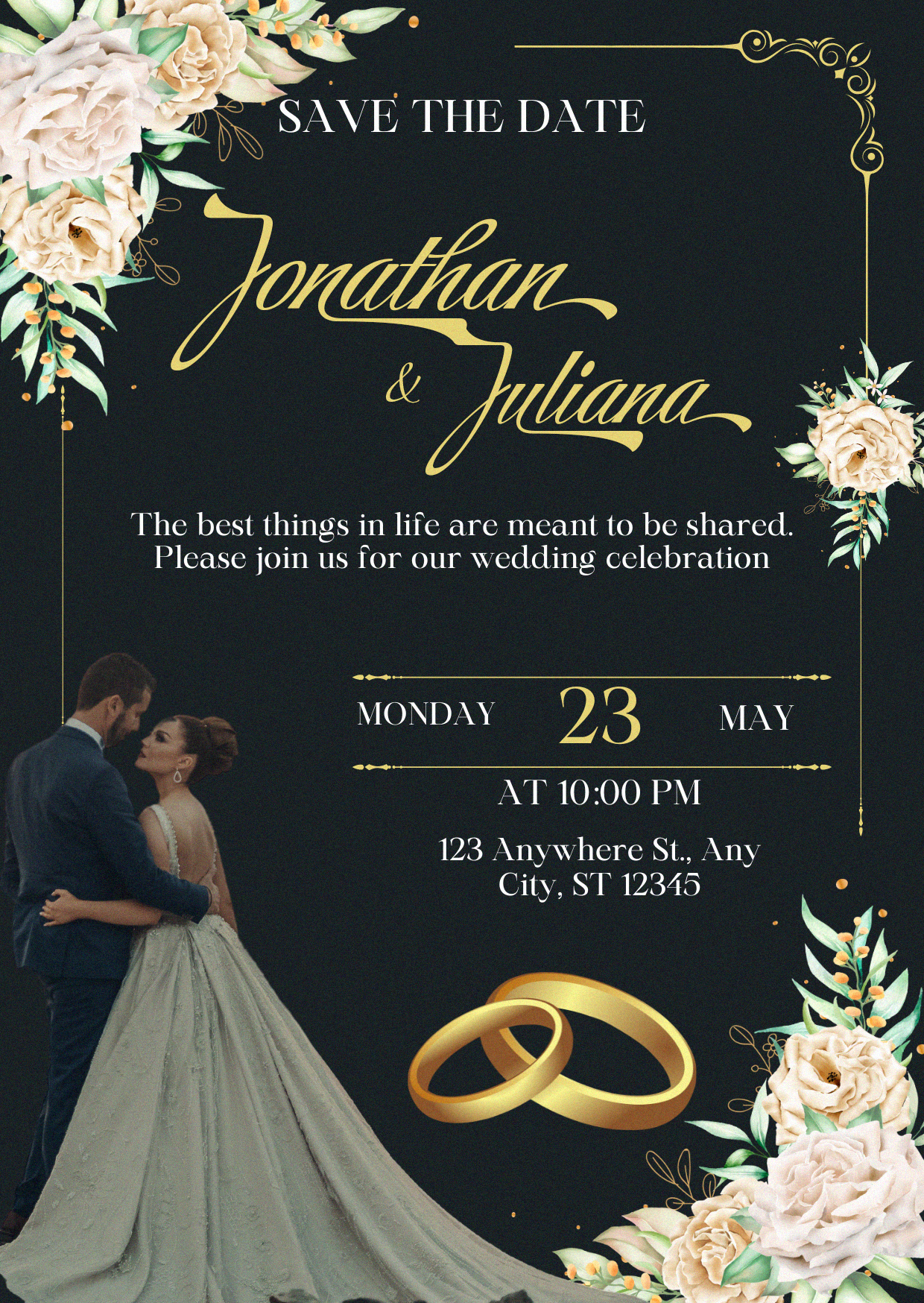 Elegant black & gold wedding invite featuring Storefront Pro for the couple’s names and Maharlika for the details.