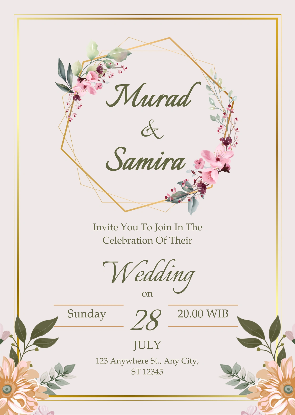 Romantic wedding invite where the couple’s names flow in Italianno, balanced with the timeless elegance of Palatino for the details.