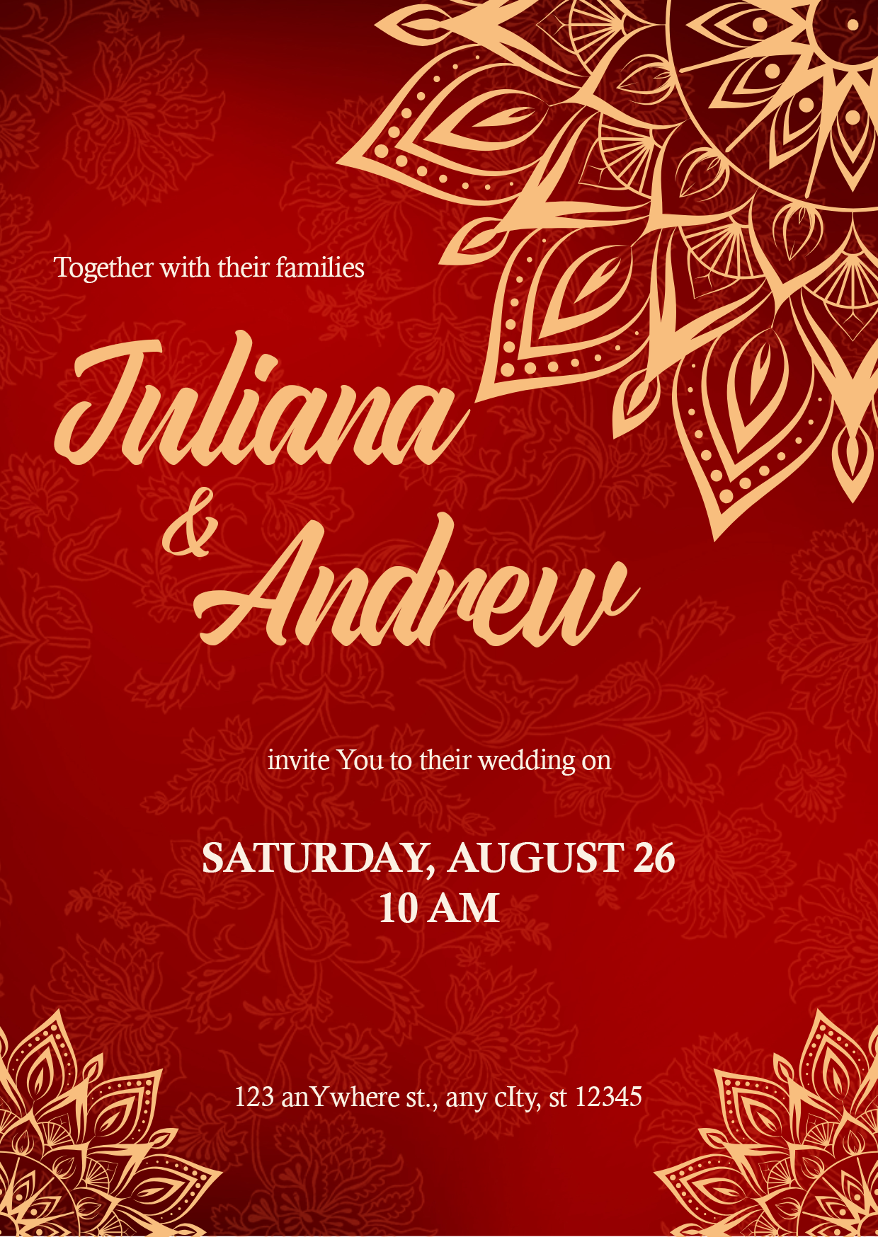 This wedding invite uses Hot Salsa for the couple’s names, giving it that bold, handwritten flair, while the rest stays grounded with Calisto MT, keeping things neat and timeless.