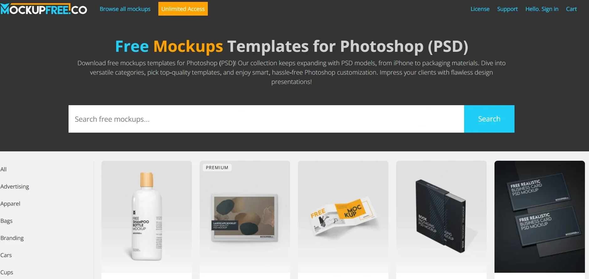 Mockupfree website offering free PSD mockups for designers