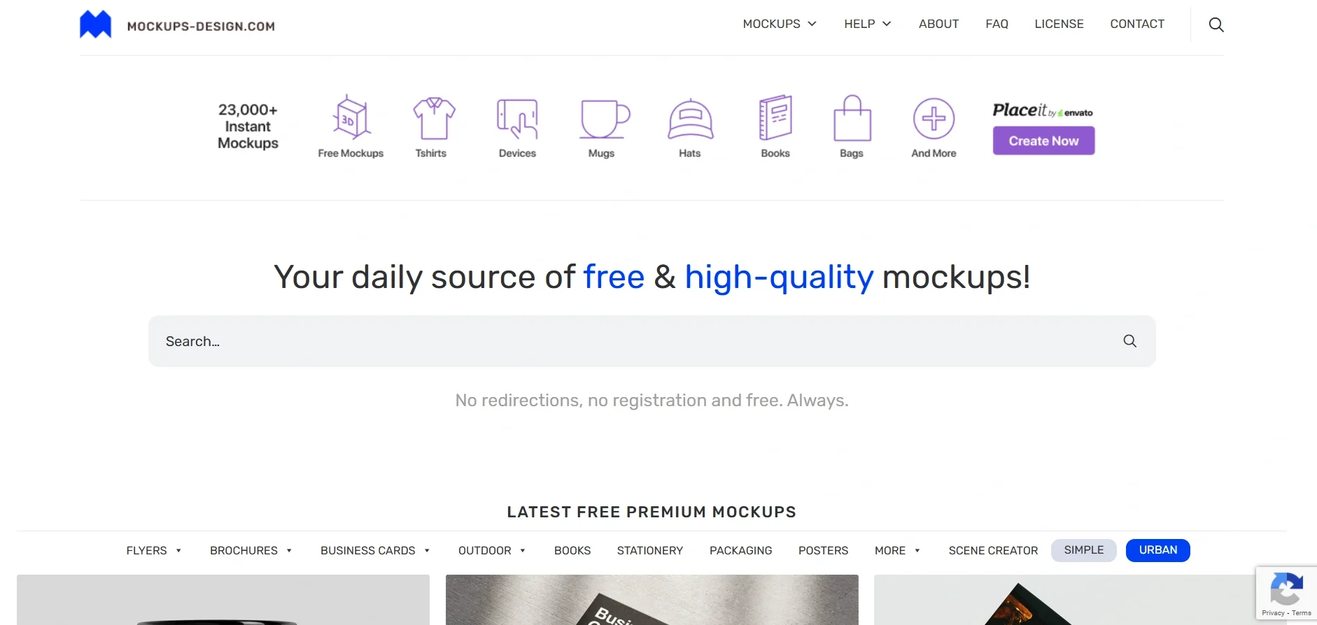 Mockups Design website providing free PSD mockups for branding, packaging, and digital projects