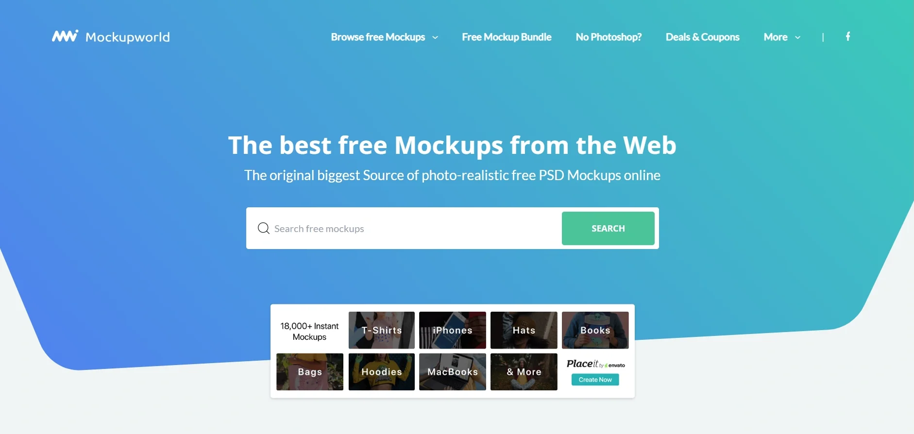Mockup World website showcasing a large collection of free and premium mockups for designers