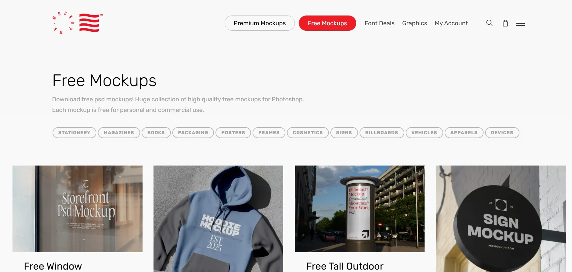 Mr. Mockup website offering premium and free PSD mockups for realistic design presentations