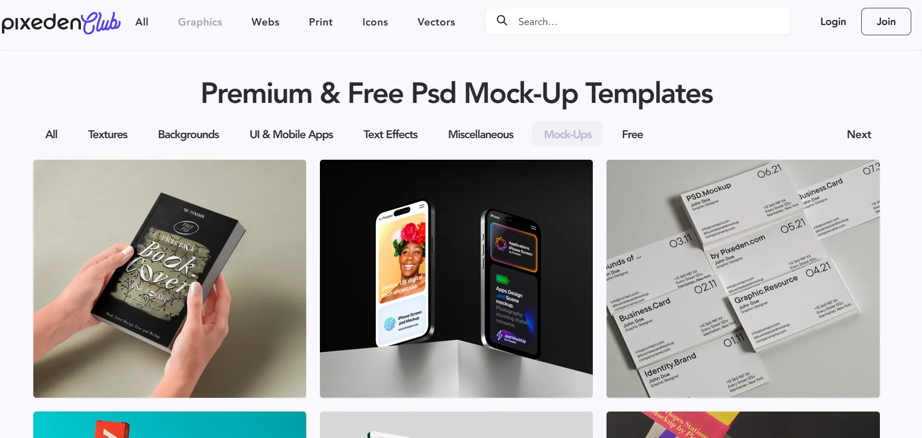 Pixeden website showcasing premium and free design mockups