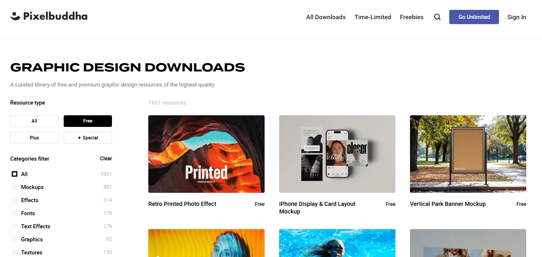 Pixelbuddha website showcasing free mockups and premium design resources