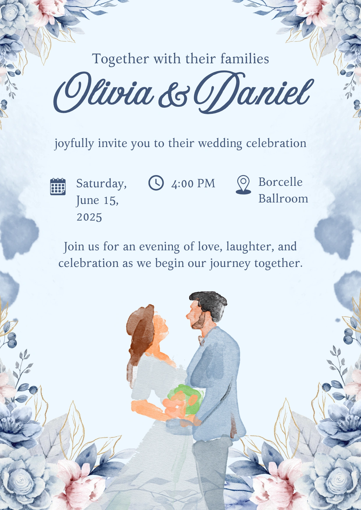 Romantic wedding invitation card using Amoresa Aged for the couple's name and Kelvinch for the rest of the body text, creating a warm, vintage-inspired mood.