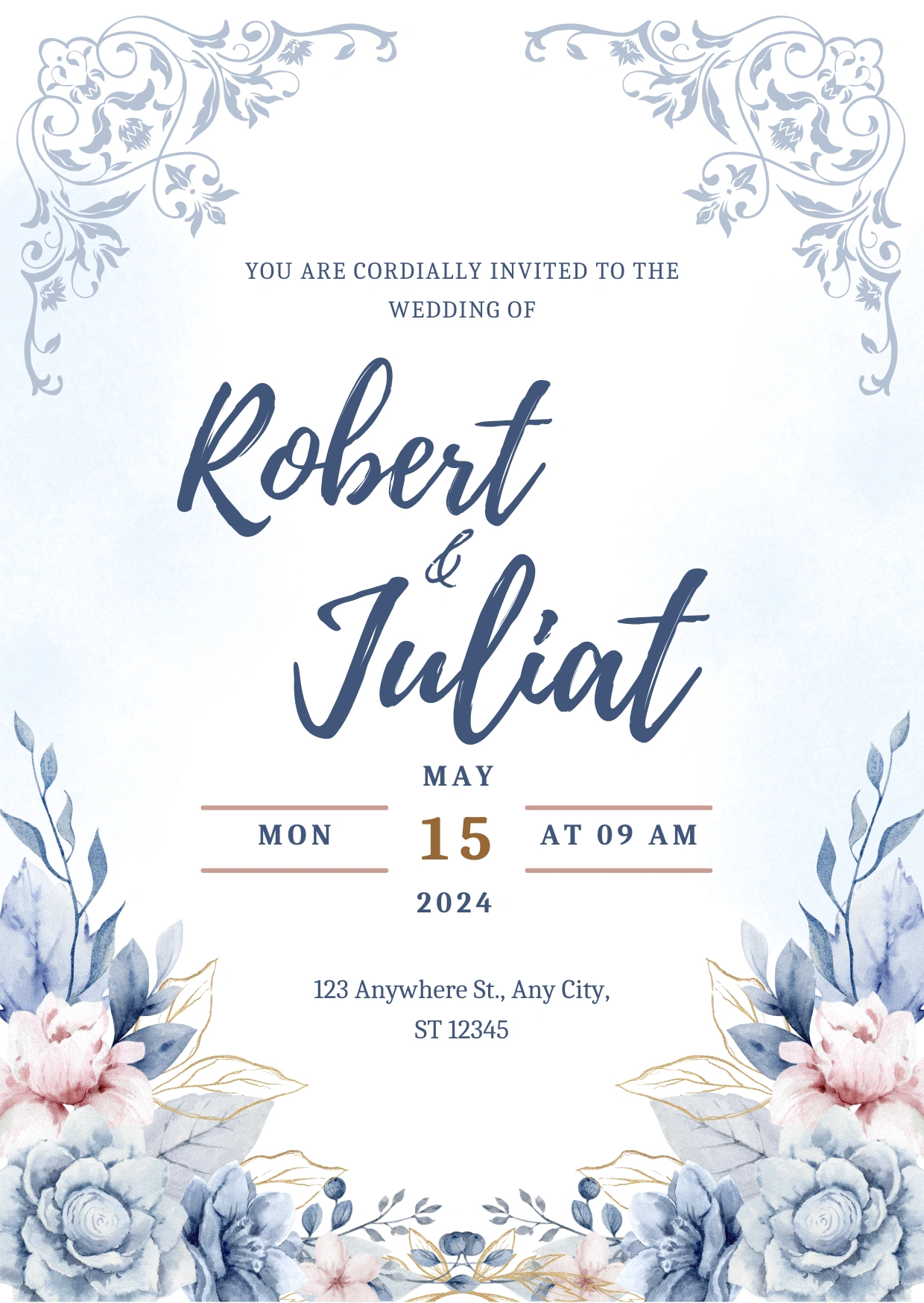 Soft and dreamy wedding invite using Playlist Script for the names and Caladea for the details.