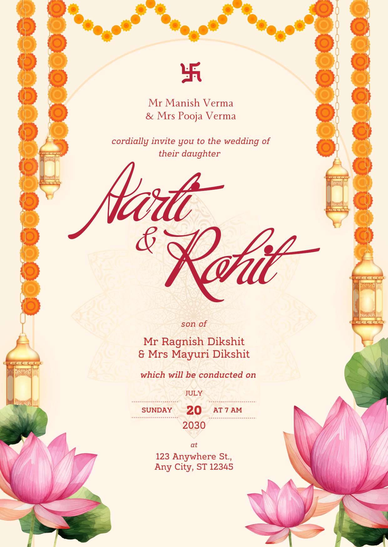 Vibrant Indian wedding invite using Buffet Script for the couple’s names and Monradok for the details.