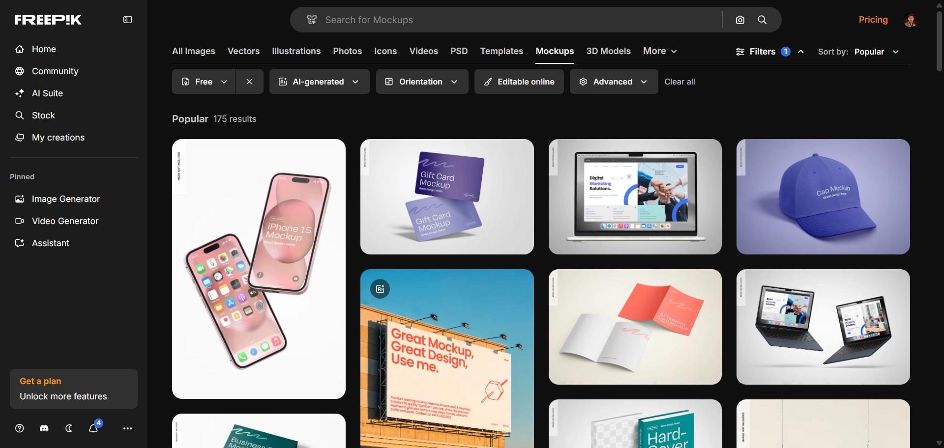 Freepik website offering free and premium mockups, graphics, and design resources for creatives
