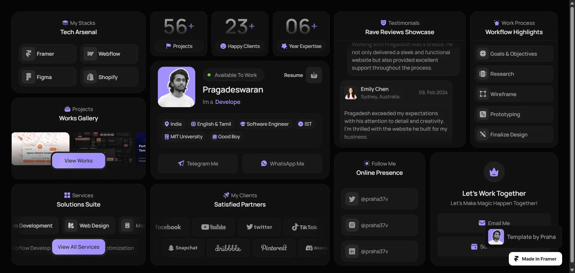 bento-style portfolio showcasing clean UI cards