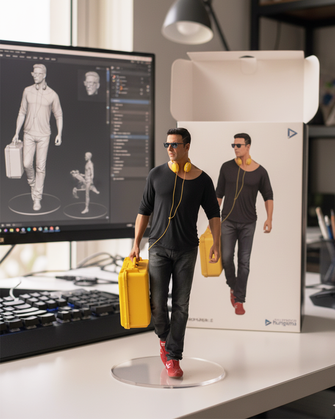 3D figurine  created using Nano Banana prompt showing packaging and computer modeling scene
